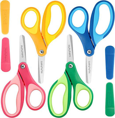 Picture of Huhuhero Kids Scissors, 5'' Small Safety Scissors Bulk Blunt Tip Toddler Scissors, Soft Grip Kid scissors for School Classroom Children Craft Art Supplies, Assorted Colors, 4-Pack