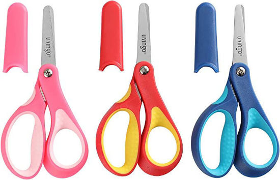 Picture of LIVINGO 5" Small School Student Blunt Kids Craft Scissors, Sharp Stainless Steel Blades Safety Comfort Grip for Children Cutting Paper, Assorted Color, 3 Pack - copy