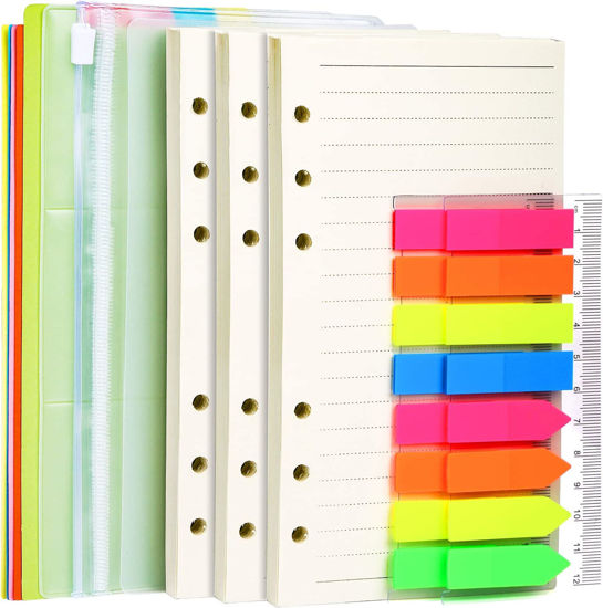 Picture of A6 Refill Paper, 3 Pack 45PCS A6 6 Ring Loose Leaf Paper, 2 Pack 160PCS Neon Page Markers, with Binder Pockets & Binder Dividers, LEOBRO A6 Lined Paper Refills for A6 Binder Planner Notebook - copy