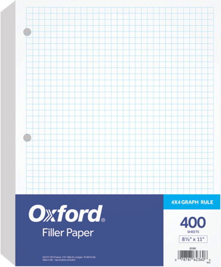 Picture of Oxford Filler Paper, 8-1/2" x 11", 4 x 4 Graph Rule, 3-Hole Punched, Loose-Leaf Paper for 3-Ring Binders, 400 Sheets Per Pack (62360) - copy