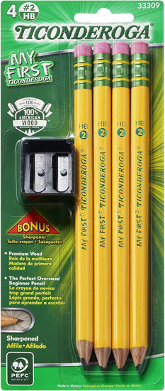 Picture of TICONDEROGA My First Pencils, Wood-Cased #2 HB Soft, Pre-Sharpened with Eraser, Includes Bonus Sharpener, Yellow, 5 Piece (Pack of 1)(33309) - copy