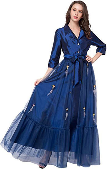 Picture of Blossom Smile Dress for Women's Button Down V Neck Gauze Embroidered 3 4 Sleeve Long Dress Muslim Maxi Dress Jalabiya - copy
