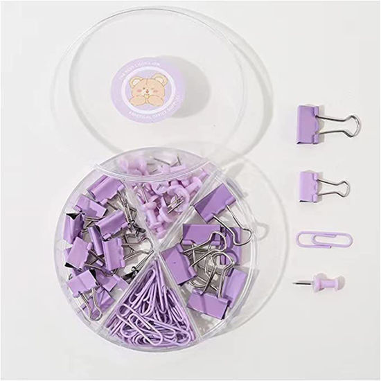 Picture of Occuwzz® 72 Pcs Binder Clips Paper Clips Push Pins Sets with with Acrylic Box for Office School Supplies Folder Set Metal File Paper Clips (Purple) - copy